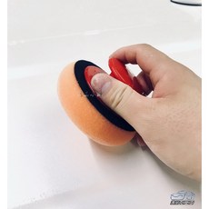 【逸品汽車百貨】車用 手工打蠟把手組 手柄打蠟海綿 上蠟海綿 上蠟綿 銅鑼燒海綿 打蠟手把 打蠟手柄 把手海綿 上蠟工具, 1個, 1手柄+5海綿(送專用收納袋), 把手紅色，綿橙色
