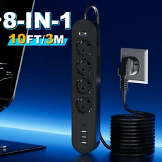 고급형 8-in-1 멀티탭(과부하 보호 기능 포함) 마스터 스위치 1개 AC 콘센트 4개 USB-A 포트 3개 USB-C, 01 Eu 플러그, [04] Black-10Ft