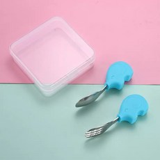 寶寶短柄學習餐具 台灣現貨 獨立包裝 316不鏽鋼兒童餐具 短柄叉勺 學習叉勺 短柄餐具 寶寶勺叉 湯匙 叉子, 001 藍色小象, 1個, 叉勺