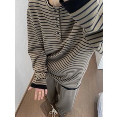 大碼男裝秋季復古咖啡色亨利領水平條紋寬鬆運動套裝