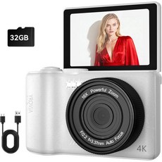 4K 브이로그 카메라 180° 플립 스크린 – 64MP 디지털 유튜브용 손떨림 방지 16배 줌 32GB 카드 포함 초보자 위 컴팩트 여행용 화이트, 4K 브이로그 카메라 180° 플립 스크린 – 64M