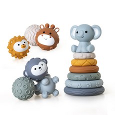 臺灣出貨 嬰幼兒手抓球玩具 軟膠方塊積木疊疊圈 捏捏手感球 堆疊玩具, 大象疊疊樂手感球套裝（13PCS)盒裝, 1個