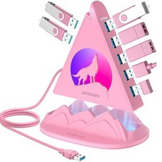 7 포트 USB 3.0 허브 늑대 모양의 RGB 야간 조명이 있는 핑크 USB 허브 61.4cm(2피트) 길이의 케이블 및 핑크 베이스 노트북 PC 플래시 드라이브, 108335 7 포트 USB 3.0 허브, 늑대 모양의, 1개