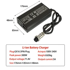 71.4V 5A 리튬 이온 배터리 충전기 (60V 62.9V 17S 스마트 내장 저소음 냉각 팬 IEC 플러그 포함, 01 SANS Plug, 01 빠른, 06 71.4V 5A GX16 3PIN