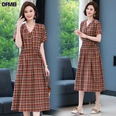 DFMEI 모던 체크 반팔 원피스 여중 롱 순면 인형 넥 스커트