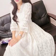 ZAJA여름 원피스레이스 원피스브이넥 슬림여성 롱스커트허리 조임 롱스커트비치 스커트캐주얼 바캉스 원피스