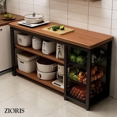 지오리스 더블&트리플 최대 하중 300kg 3단 와이드 아일랜드 주방 수납장, 블랙