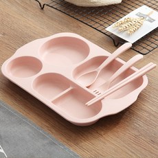 小麥秸稈兒童分格餐盤帶碗勺餐具套裝寶寶小孩幼兒園餐廳飯盤商用, 1個, 粉色(盤+勺筷叉):如圖