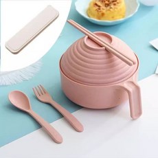 小麥秸稈泡麵碗帶蓋餐具組, 北歐粉 泡麵碗勺叉筷1套盒裝, 1套, 如圖