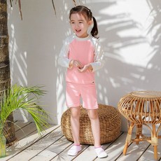 베이-비 BCREW 유아동 모노 반바지 핑크 키즈 래쉬가드+벙거지 세트