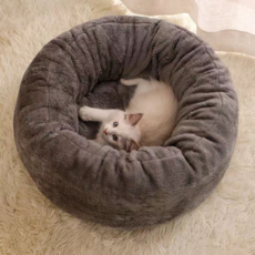 Equator 반려동물 도넛모양 따뜻한 폭신 쿠션 고양이 겨울용, 1개, 회색