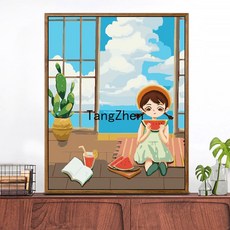 【TangZhen】유화그리기 유화그리기세트 diy 디지털 유화 가방 우편 거실 성인 어린이 손으로 채색 유채화 수제 장식 창문 앞 풍경, 40*50 어셈블리 외곽선(색상 노트) 추가, B041 수박 먹는 여자, 1개