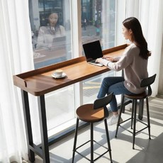 ORDUNE 튼튼한 원목 바테이블 홈바 아일랜드 식탁 홈바 하이 창가 인테리어 카페 미니, 테이블 120*40*105+의자2