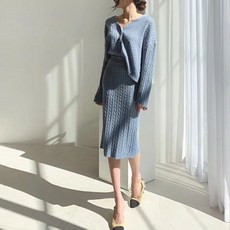 슬림소녀 여성 브이넥 꽈배기 니트 카디건 + 하이웨스트 미디 스커트 투피스 세트