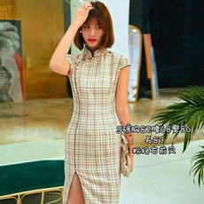 灼華旗袍 青春活力畢業季 上海風古典旗袍 謝師宴派對主持 灰綠/黃格子旗袍