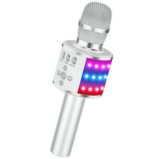 BONAOK 어린이 및 성인용 노래방 마이크 - 디스코 조명이 있는 블루투스 에코 효과 내장 스피커 휴대용 플레이어 파티 여행 선물 Q78 블랙 1885825, Silver