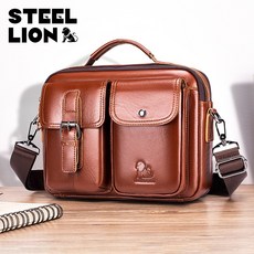 STEEL LION 復古牛皮男士單肩包，商務通勤多層收納斜挎包, 棕色
