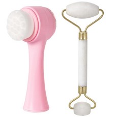 Beomeen 페이스 브러시 2 in 1 실리콘 페이셜 클렌징 각질 제거 부드러운 빗살 모공 딥 제이드 롤러 스킨 케어 도구 수동 듀얼 워시 스크럽 마사지 선물 핑크 화이트 2, 핑크+화이트