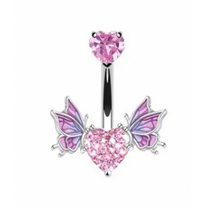 N5 蝶戀心語 蝴蝶肚臍環 不鏽鋼醫用鋼 滿鑽鋯石粉色愛心 肚臍釘飾品, 1個