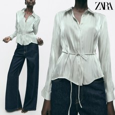 자라 ZARA 여자 셔츠 반짝이 장식 라펠칼라 긴소매 2461