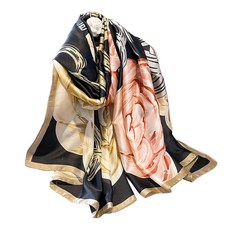 Aufeel 패션 스카프 100% 새틴 실크 롱 경량 자외선 차단 숄 랩 여성용 헤어 스카프 플라워 패션 라지 141140, 블랙 핑크