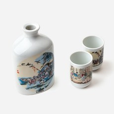 백자 주병세트 2인용 김득신 천렵도 풍속화 도자기 술병 소주잔 한국 전통 집들이 선물, 포장없음