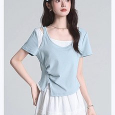 해피유통 오프숄더 레이어드 반팔 티셔츠 여성 여름 캐주얼 데일리룩