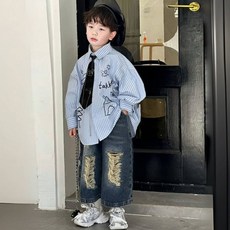 Olli kids 兒童條紋襯衫牛仔褲套裝 韓版男童秋季新款寬鬆外套
