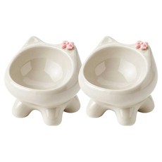 Qiaokao 강아지 고양이 겸용 리본 달린 고양이 모양 세라믹 밥그릇 13.5x11.5x13cm, 2개, 아이보리