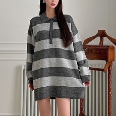 針織女款寬鬆版條紋翻領針織夏季洋裝, 灰色