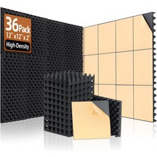 음향 패널 - 12팩 12x12x2인치 블랙 피라미드 폼 방화 방음 벽 25kgCBM 녹음 스튜디오 및 음악실용, 2"-36 Pack, Black