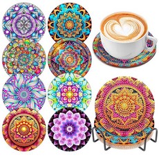 8피스 다이아몬드 아트 페인팅 컵받침 홀더 포함 DIY 자폐증 인식 다이아몬드 아트 컵받침 음료용 다이아몬드 아트 페인팅 키트 초보자용 다이아몬드 키트 공예 용품 성인용, 흰 독말풀, 1개