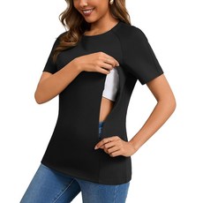 [ 1111718 ] GINKANA 숨겨진 지퍼가 달린 모유 수유용 여성용 수유 셔츠 루즈핏 상의 편안한 티셔츠 엄마 의류 블랙 M