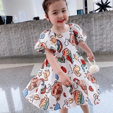Arbea 女童卡通印花泡泡袖連衣裙