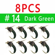 비무 8개 # 12 # 14 황동 구슬 머리 빠른 싱킹 요정 스커드 플라이 버그 웜 송어 낚시 파리 인공 곤충 낚시, 03 8pcs sz14 Dk Gn