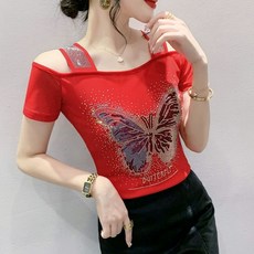 여성라인댄스복 상의 라틴 스포츠 댄스 반팔 빅사이즈 나비 끈나시 스팽글 반짝이 오프숄더