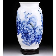 青花瓷牡丹花瓶, 景德鎮陶瓷器花瓶手繪青花名家仿古插花電視櫃居家擺件送底座(1對價)