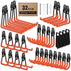 ITCPRIM 42팩 차고 후크 미끄럼 방지 코팅 튼튼한 벽 마운트 후크 차고 보관 및 걸이용 호스 자전거 정원 도구 로프 등, 오렌지 32팩