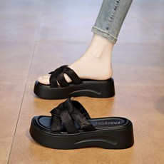 LUNATURE 여성용 메쉬짜임 통굽 슬리퍼 발편한 통굽 키높이 슬리퍼 5.5cm