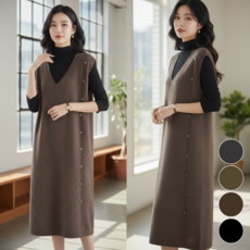 핏몬 여성 루즈핏 브이넥 단추 니트 롱 조끼 원피스 55~77