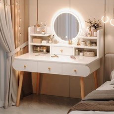 침실 600/800/1000 입식 서랍 수납 LED 거울 화장대, 화이트+LED 거울(의자 없음)