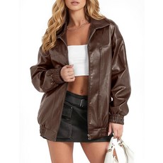 GraceSelect 여성용 오버사이즈 가죽 재킷 캐주얼 소프트 인조 가죽 지퍼 오토바이 코트 포켓 포함 2025 가을 패션 드랙 브라운. 스몰