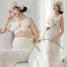 만삭사진옷 셀프 만삭 M03 만삭사진 원피스 의상 촬영, 3 3D 플라워 니트+모자