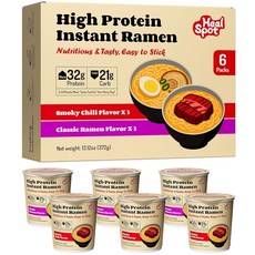 Healspot 고단백질 인스턴트 라면 버라이어티 팩 튀김 없는 육수 6컵 식물성 단백질 32g 저지방 저탄수화물 GMO 프리 케토 친화적 식물 기반 스모키 비프 클래식 돼지고, 다양성(매운 쇠고기, 돼지고기 돈코츠)