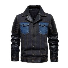 FTIMILD 남성용 데님 재킷 PU 가죽 패치워크 바이커 재킷 탈착식 후드 청재킷 여러 포켓 포함 블랙-블랙.