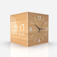 YAPOGI 온습도 모서리 무소음 모던 심플 양면 벽시계 LED, 밝은 갈색