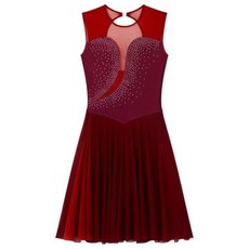 여성용 라인석 민소매 서정적 댄스 드레스 쉬어 메쉬 발레 레오타드 피겨 스케이팅 의상 공연 의류, [02] M, 02 Burgundy