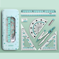 小學生三角板文具7件組 直尺繪圖 三角板/圓規/量角器 7件尺套組 直尺繪圖尺, 1個, 套尺七件組冰藍色