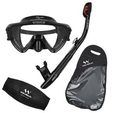 위베런 랩터 스노클링 마스크 세트 미러렌즈 자외선차단 + 머리엉킴방지 스트랩커버 + 고급가방, 투명 블랙 세트