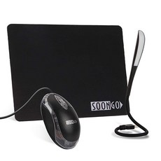 SOON GO 패드가 있는 미니 마우스+USB LED 조명 3 in 1 선물 콤보 아동용 마우스 노트북 홈 오피스 여행용 블루, 블랙셋